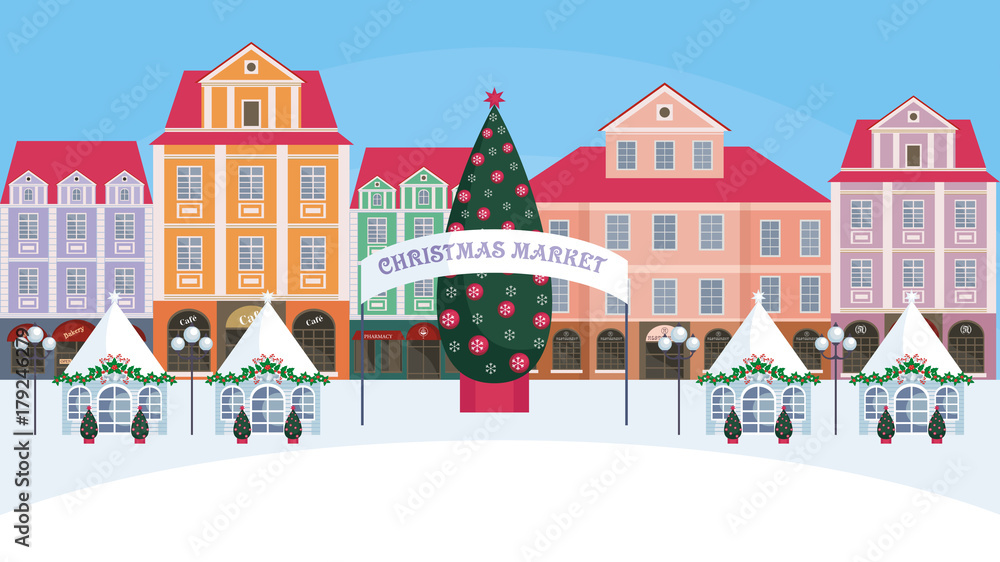Christmas fair in the old town.  Vector background.