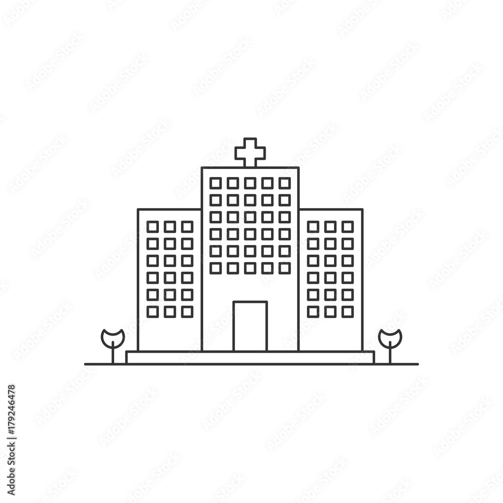 Hospital outline logo icon linear, mono line, thin line, vector illustration