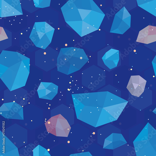 Seamless abstract pattern with crystals on dark blue background