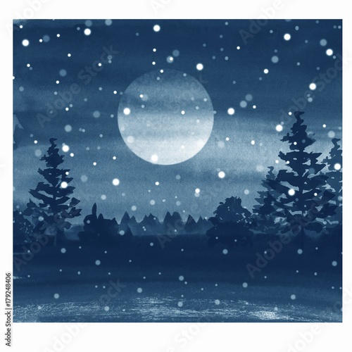 Winter watercolor landscape with moon and snow