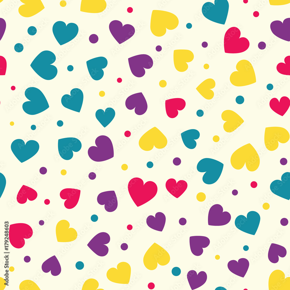 Seamless hearts and dots pattern with beige background. Vector repeating texture. Seamless hearts and dots pattern with beige background. Vector repeating texture.