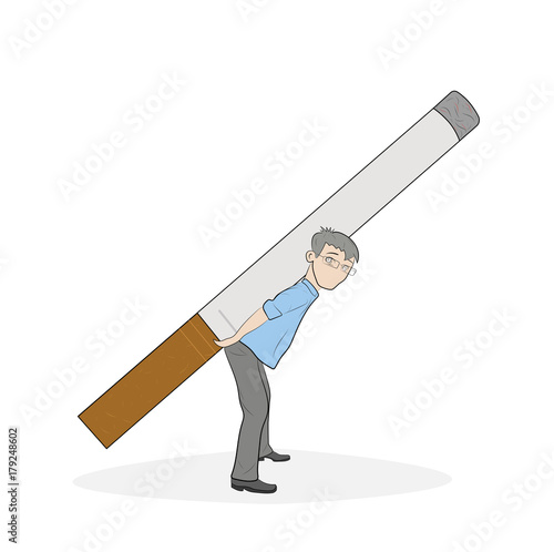 a man stands bent under the weight of a cigarette. concept of smoking dependence. vector illustration.