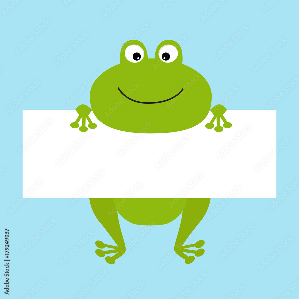 Fototapeta premium Funny frog hanging on paper board template. Big eyes. Kawaii animal body. Cute cartoon character. Baby card. Flat design style. Blue background Isolated