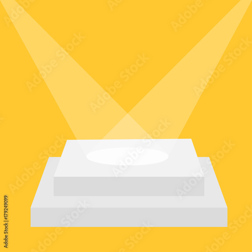 Square stage podium illuminated by spotlights. Empty pedestal for display. 3d realistic 2 step platform for design. Isolated. Yellow background. Template. Flat design.