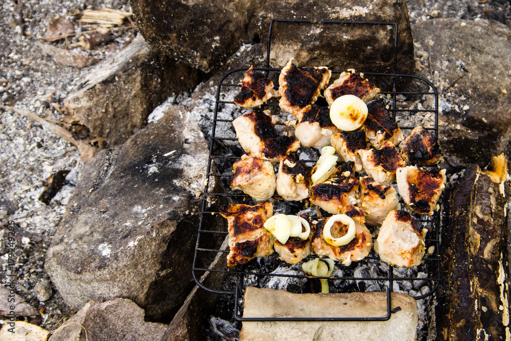 Pork meat roasting on the grill. Meat on the coals, barbeque close up Pork meat roasting on the grill. Meat on the coals, barbeque close up