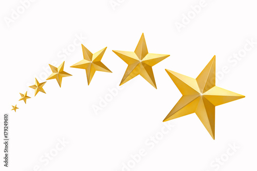 Five Golden Christmas Star  isolated on white Background. Top View Close-Up