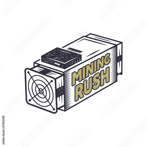 Crypto mining rush concept. Crypto-currency asic equipment logo. Vintage han drawn monochrome design. Technology patch. Stock vector illustration isolated on white background