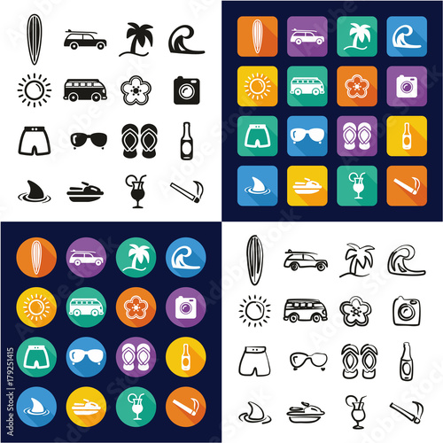 Surfing All in One Icons Black & White Color Flat Design Freehand Set