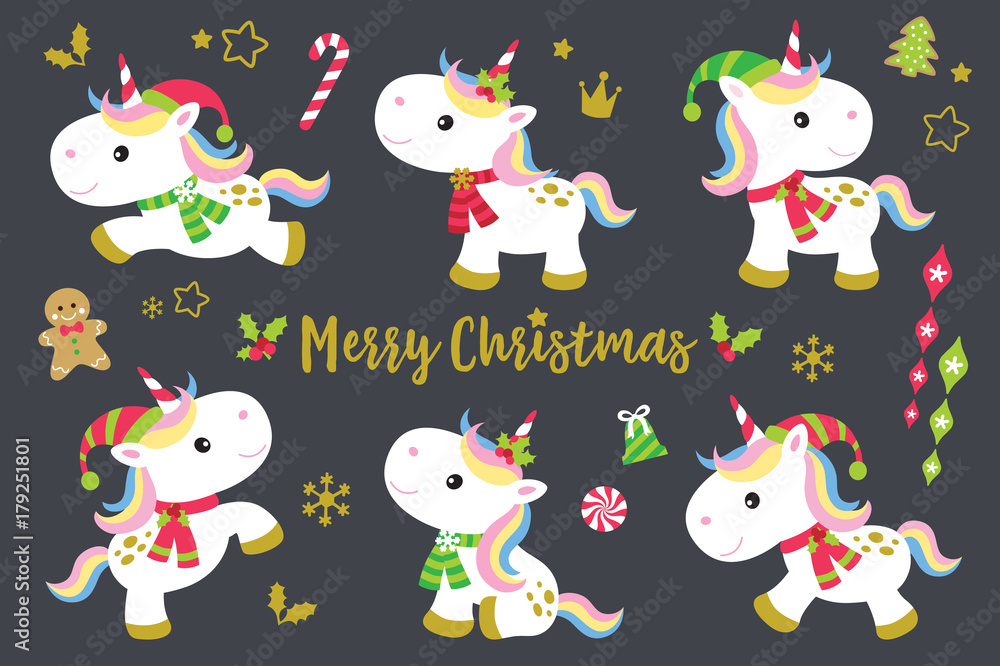 Cute Christmas unicorns vector illustration set plus other decorative Christmas ornaments.