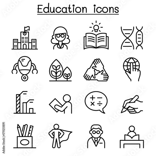 Education & Learning icon set in thin line style