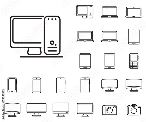  Desktop icon in set on the white background. Set of thin, linear and modern electronic equipment icons. Universal linear icons to use in web and mobile app.