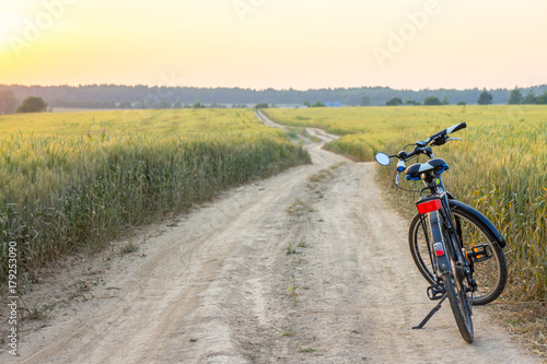 Road in field, sunset, bike
