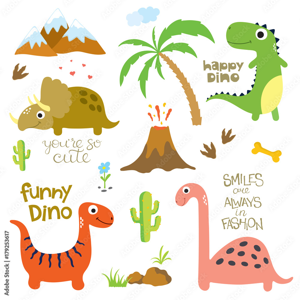 Naklejka premium Ślad dinozaura, wulkan, palma i inne elementy projektu