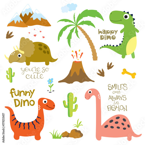 Dinosaur footprint, Volcano, Palm tree and other design elements