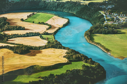 Fields and river aerial view rural Landscape nature ecology concept © EVERST