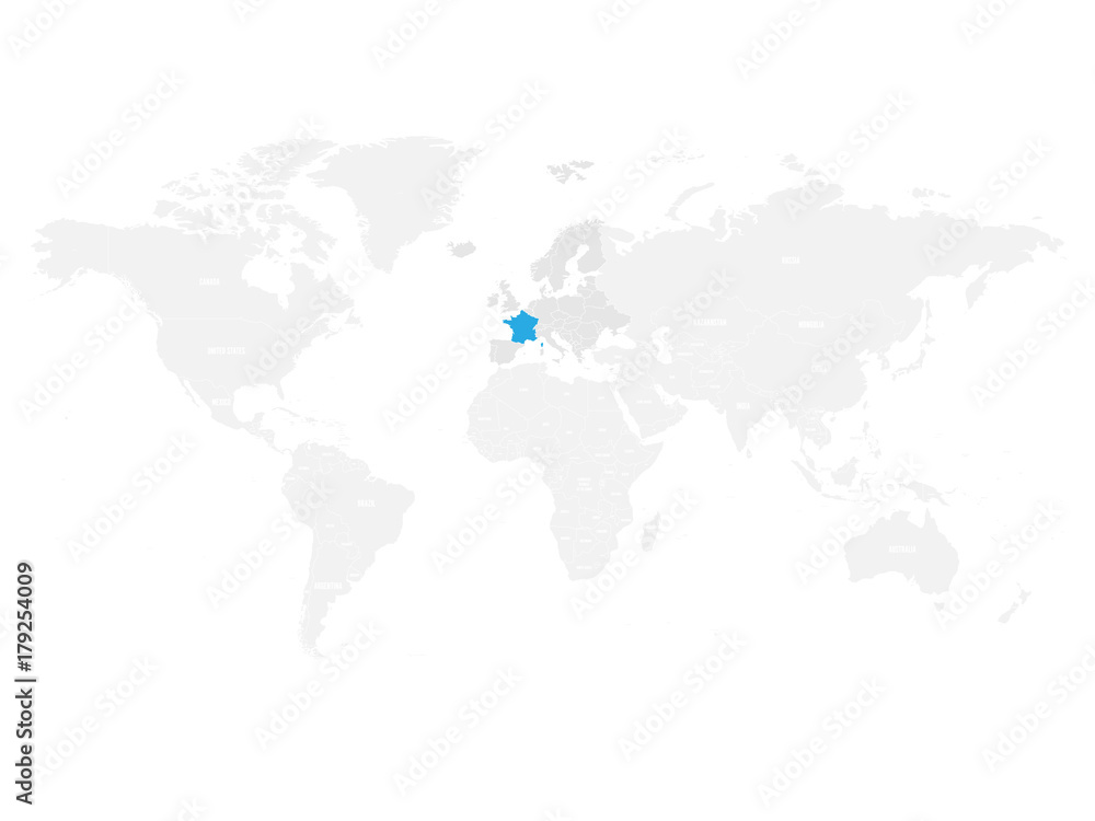 France marked by blue in grey World political map. Vector illustration.