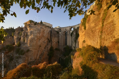 View of the Puente Nuevo and the el tajo gorge in the andalusian iconic place Ronda, Malaga region, Andalusia, Spain