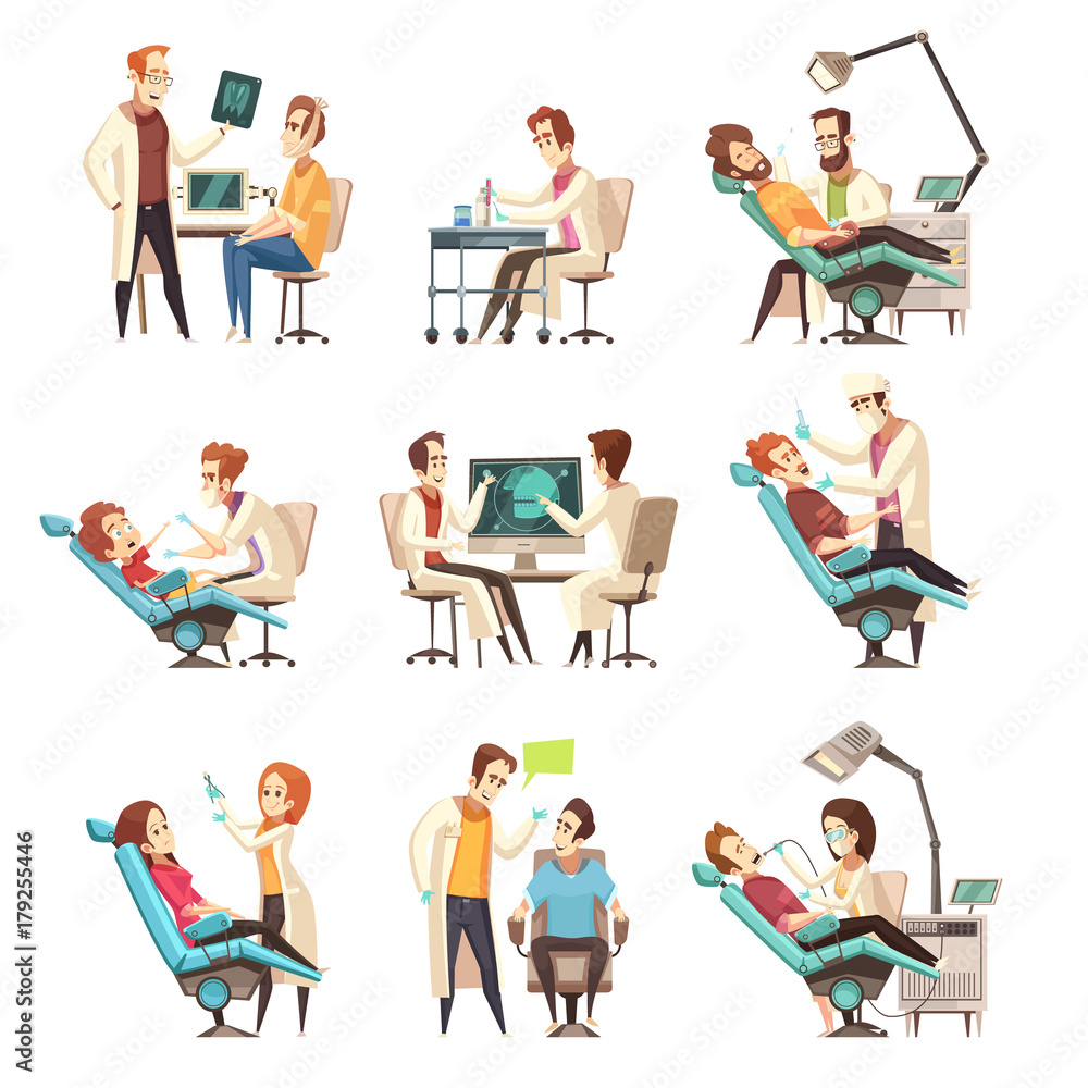 Set Of Nine Isolated Cartoon Dentistry Scenes Set Of Nine Isolated Cartoon Dentistry Scenes