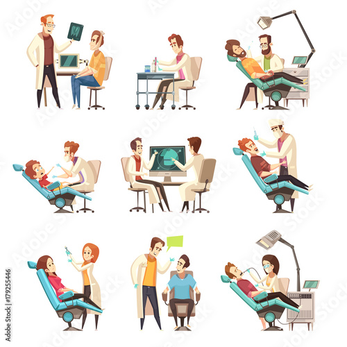 Set Of Nine Isolated Cartoon Dentistry Scenes