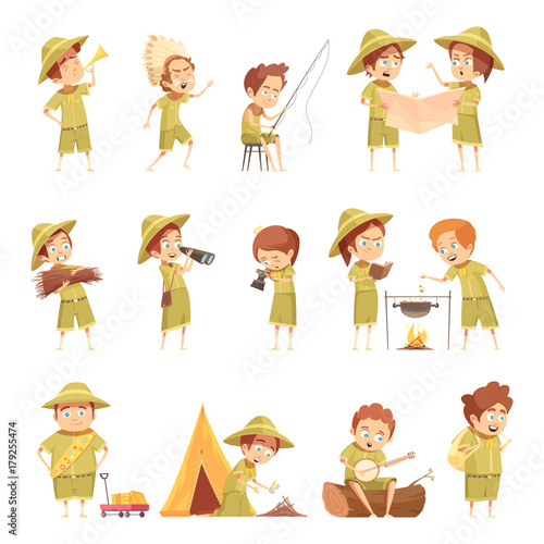 Boy Scout Retro Cartoon Icons Set