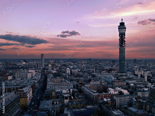View over Central London at dusk looking down Tottenham Court Road including the PO BT Tower