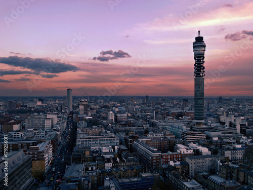 View over Central London at dusk looking down Tottenham Court Road including the PO BT Tower photo