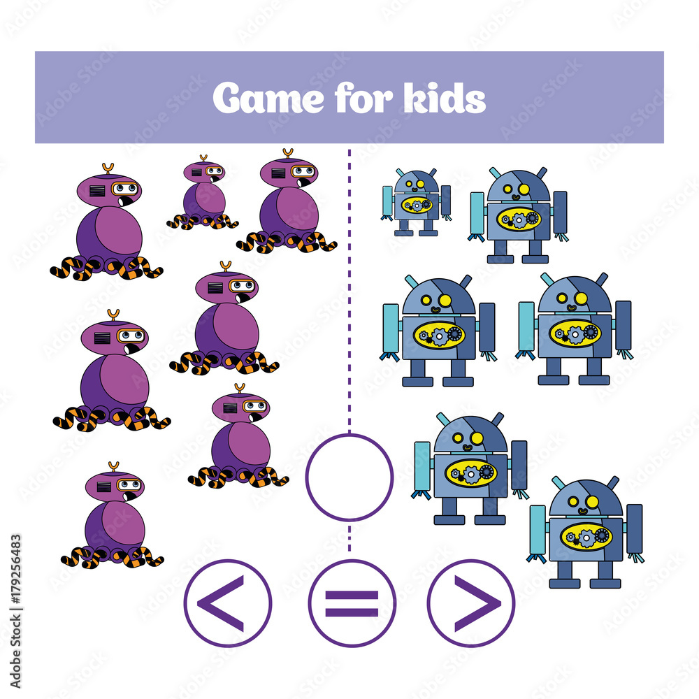 Education logic game for preschool kids. Choose the correct answer. More, less or equal? Vector illustration. Theme robots Education logic game for preschool kids. Choose the correct answer. More, less or equal? Vector illustration. Theme robots
