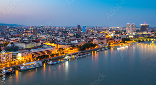 Aerial view of the Old Town in Bratislava  new bridge over Danube river with evening lights in capital city of Slovakia Bratislava