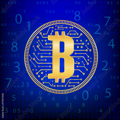 Crypto currency abstraction golden coin . Abstract virtual money on blue background .Digital matrix of deducting money . Eps 10 vector illustration photo