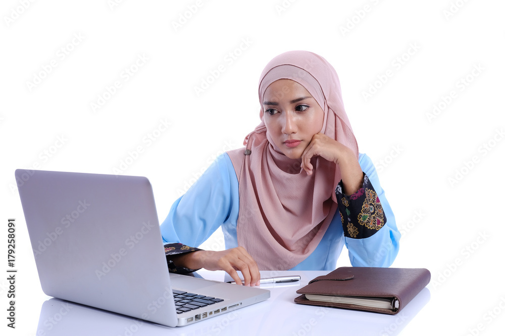 Pretty young woman with laptop and book on white background. Education conceptual Pretty young woman with laptop and book on white background. Education conceptual