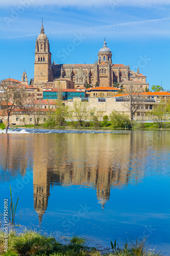 View of the cathedral of Salamanca reflected in the river, spain