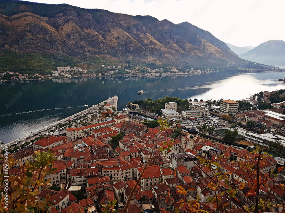 Kotor Bay in the clouds from above