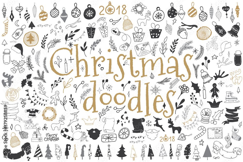 Big set of Christmas design elements in doodle style - obrazy, fototapety, plakaty 