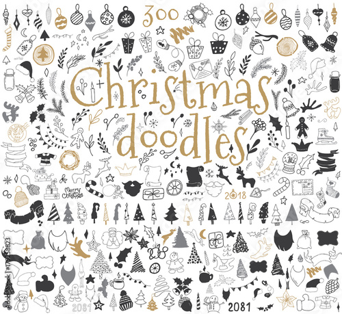 Big set of Christmas design elements in doodle style