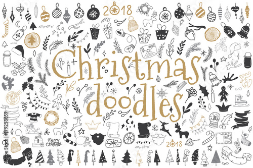 Big set of Christmas design elements in doodle style