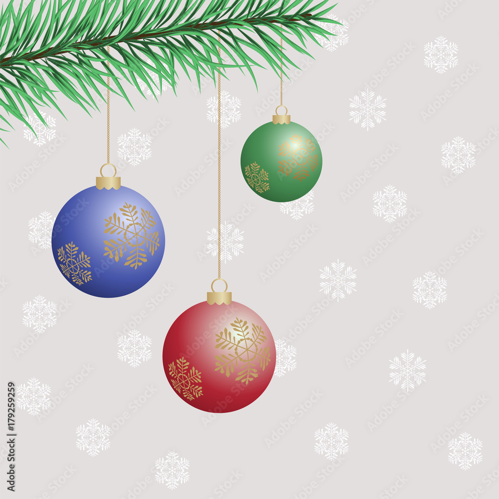 Christmas tree branch with balls. Hanging balls and golden snowflakes. Great for postcards, banners, flyers, headlines. Vector illustration. Christmas tree branch with balls. Hanging balls and golden snowflakes. Great for postcards, banners, flyers, headlines. Vector illustration.