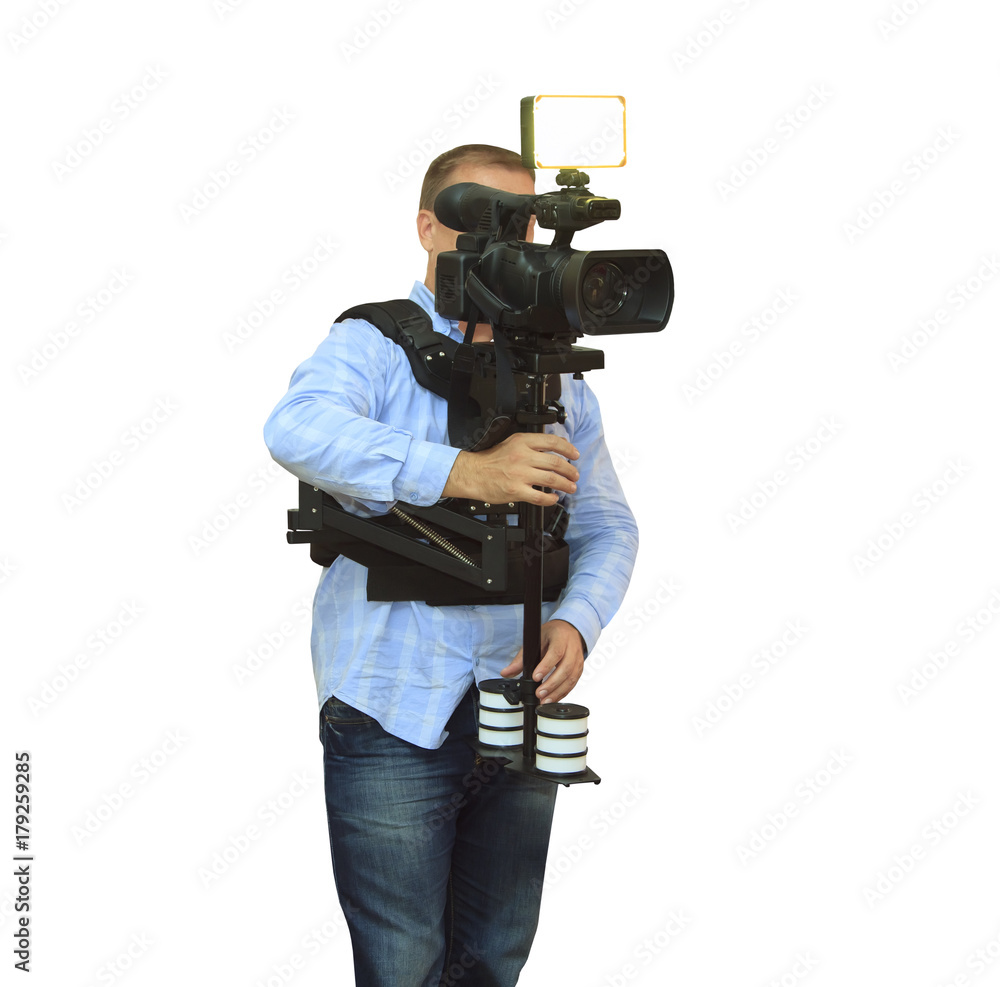 Video camera operator working with his professional equipment Video camera operator working with his professional equipment
