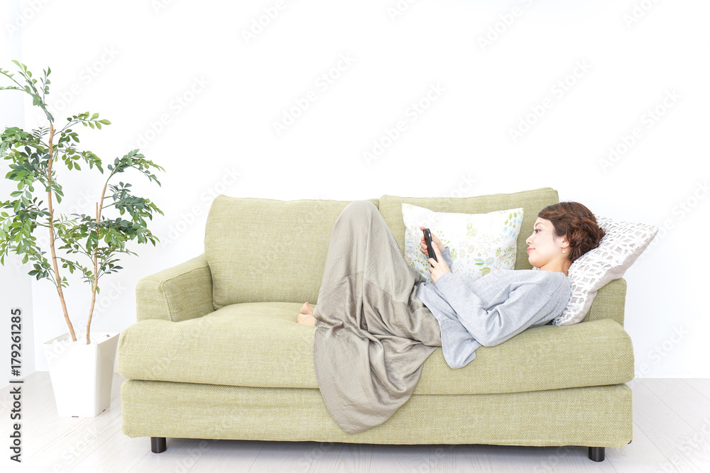 lying woman using smartphone 