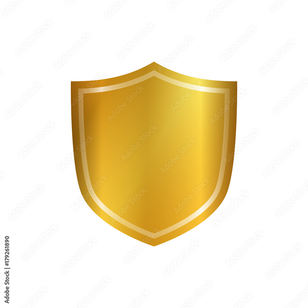 Gold shield shape icon. 3D golden emblem sign isolated on white background. Symbol of security, power, protection. Badge shape shield graphic design Vector illustration Gold shield shape icon. 3D golden emblem sign isolated on white background. Symbol of security, power, protection. Badge shape shield graphic design Vector illustration