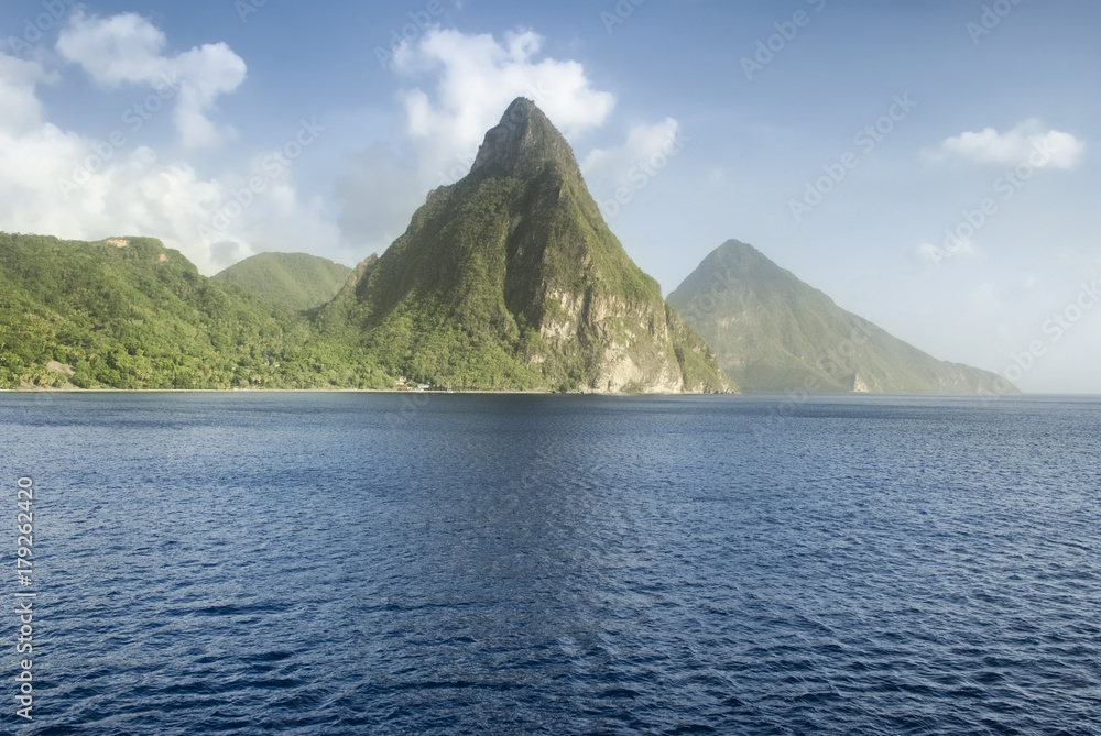 View of the famous Piton mountains in St Lucia, Eastern Caribbean