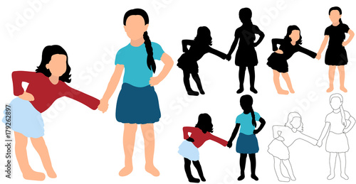 silhouette of little girls playing  friendship
