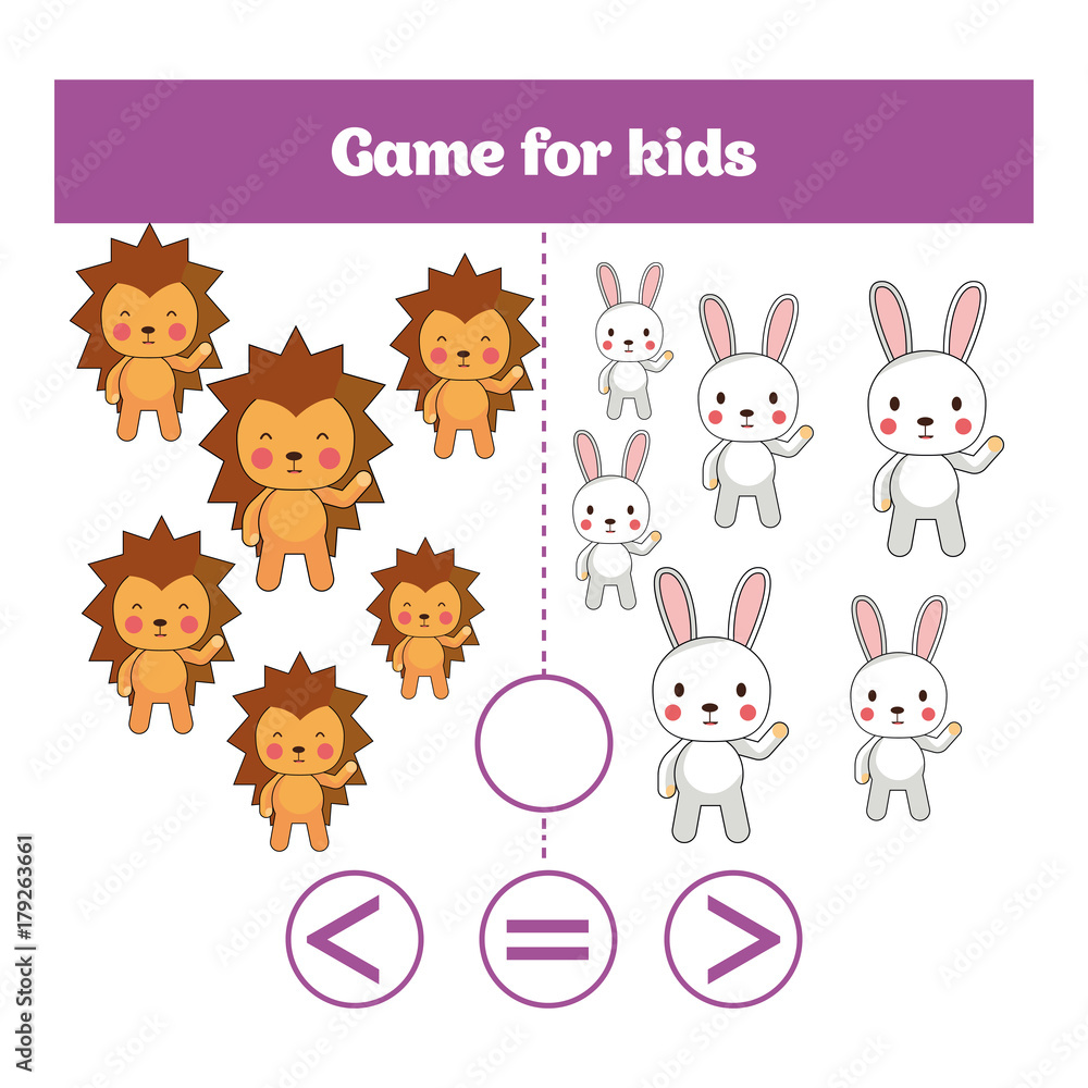 Obraz premium Education logic game for preschool kids. Choose the correct answer. More, less or equal Vector illustration
