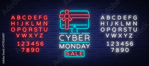 Cyber Monday vector banner in fashionable neon style, luminous signboard, nightly advertising advertisement of sales rebates of cyber Monday. Editing text neon sign. Neon alphabet