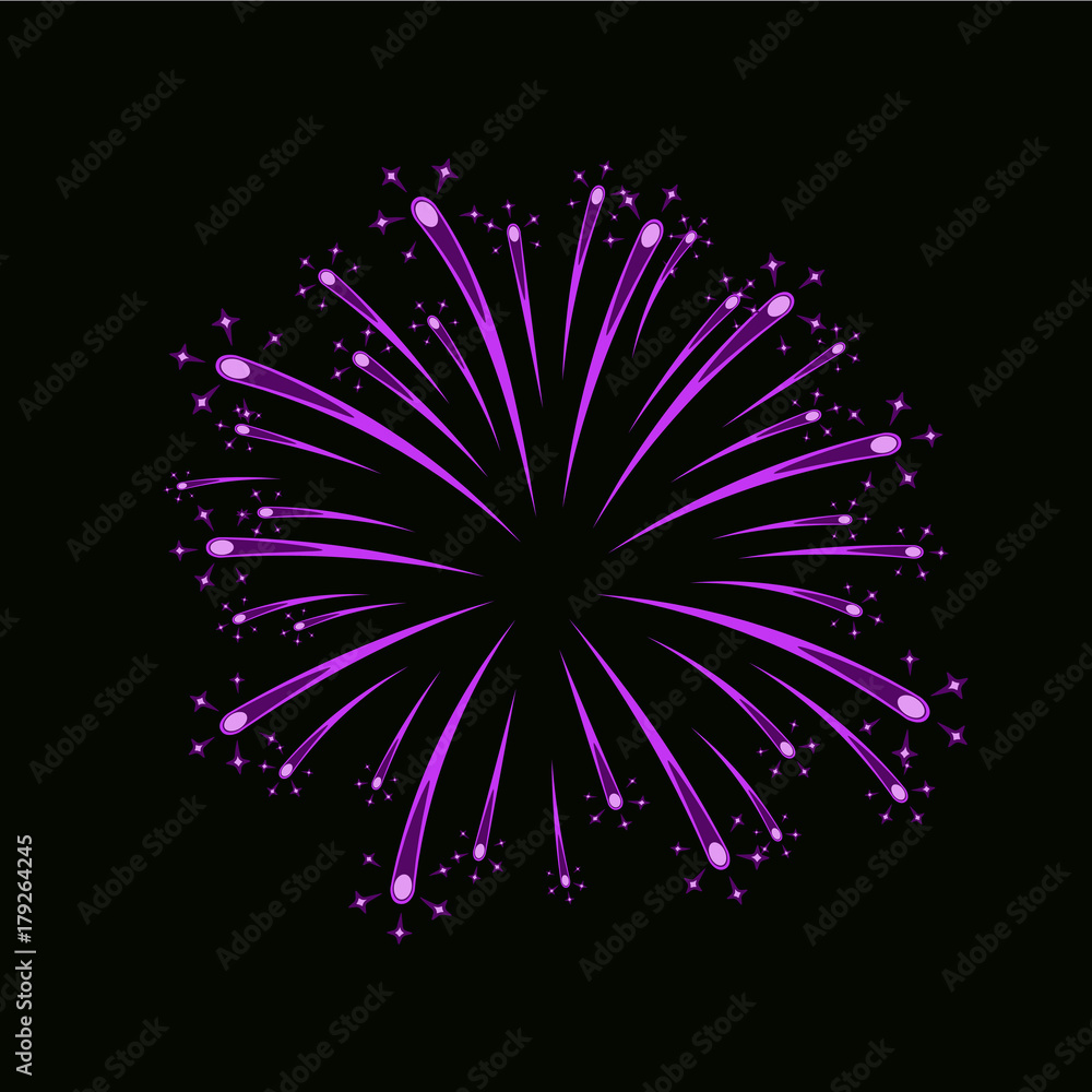 Beautiful pink firework. Bright firework isolated on black background. Light purple decoration firework for Christmas, New Year celebration, holiday, festival, birthday card Vector illustration Beautiful pink firework. Bright firework isolated on black background. Light purple decoration firework for Christmas, New Year celebration, holiday, festival, birthday card Vector illustration