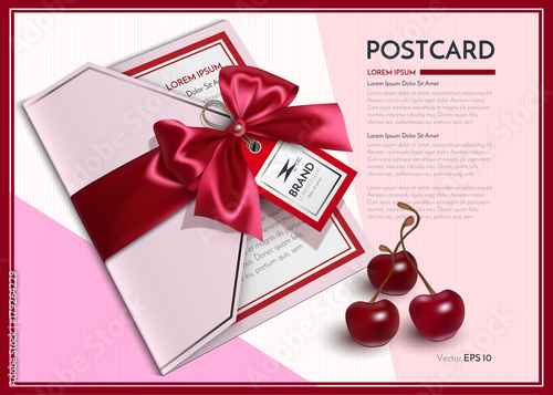Realistic postcard Vector with red bow and cherries