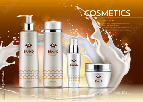 Cosmetic realistic package ads template. Hydrating Face and body cream products in white bottles. Vector Mockup 3D illustration. Milk splash drops backgrounds