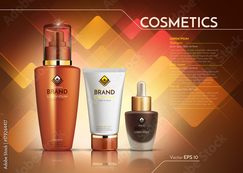 Cosmetics Vector realistic package ads template. Face cream and hair products bottles. Mockup 3D illustration. Abstract backgrounds
