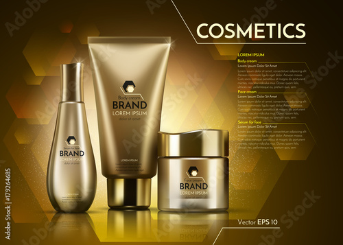 Gold Cosmetics Vector realistic package ads template. Face and body cream products bottles. Mockup 3D illustration. Sparkling backgrounds