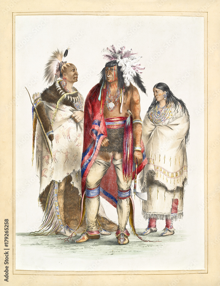 Old watercolor illustration of a North American indian family dressing traditional clothes and traditional items. By G. Catlin, Catlin's North American Indian Portfolio, Ackerman, 1845