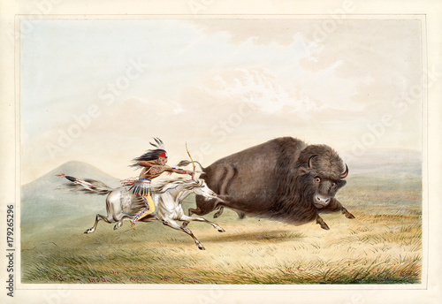 Dekoracja na wymiar  old-watercolor-illustration-of-a-native-indian-on-his-horse-hunting-a-big-buffalo-by-g-catlin-publ-on-catlin-s-north-american-indian-portfolio-ackerman-new-york-1845